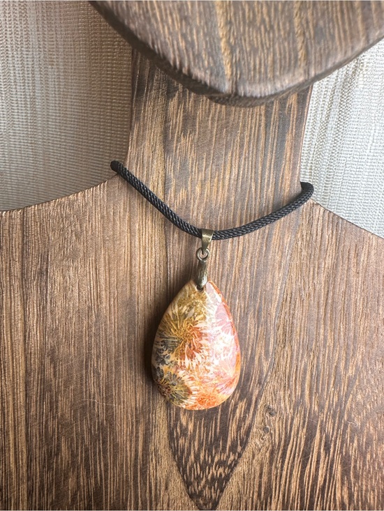 Jewelry - Orange and Black Coral Fossil Teardrop Pendant Necklace on Black Rope